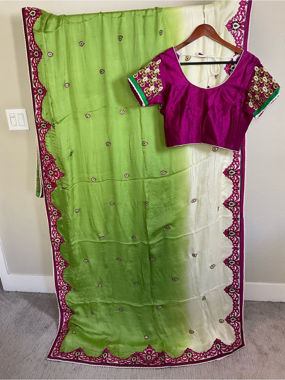 Magenta Embroidered Blouse with Green-Cream Ombre Saree New